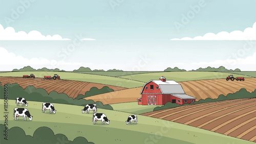 Charming agricultural landscape with a classic red barn, grazing cows, and expansive green and tilled fields under a serene sky, depicting peaceful rural life