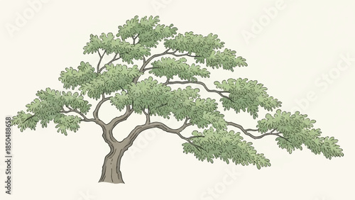 Elegant Pine Tree Illustration with Lush Green Foliage and Textured Bark