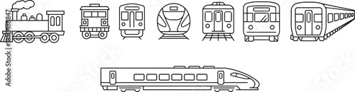 Train transportation icon set, locomotive subway metro tram bullet train, linear outline illustration collection for railway travel, public transit design, engineering concept, vector symbols