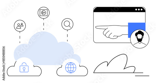 Cloud computing, data security, remote work, digital communication, internet access, user interface. Visual of cloud icons with security, communication and internet symbols. Cloud computing and data