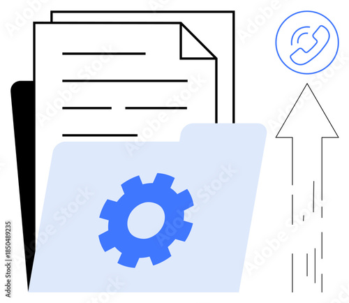 Data backup, file sharing, digital communication, workflow automation, cloud storage, file management. Folder with gear icon, documents upload arrow phone icon. Data backup and file sharing concept