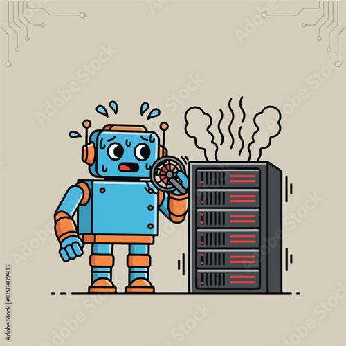 Cute Robot Trying to Cool Down Overheating Server Rack - Vector Illustration