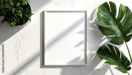 A white framed rectangular print rests on a textured white surface, with a potted green plant to the left and large monstera leaves on the right