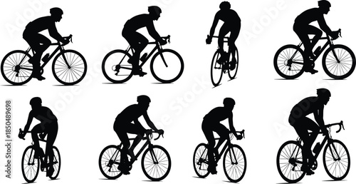 Cyclist Silhouette Vector Set, Dynamic Collection of Men Riding Road and Mountain Bikes in Action Poses, Ideal for Sport, Competition, Fitness, Race Graphics, and Outdoor Activity.