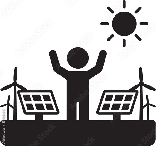 Solar energy celebration with silhouette person and renewable panels

