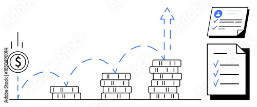 Stacked coins with upward arrows and bouncing lines symbolizing financial growth. Checklist and documents emphasizing planning, strategy, goals. Ideal for finance, investment, success, budgeting