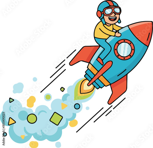 Happy Pilot Riding Rocket Launch Vector Illustration