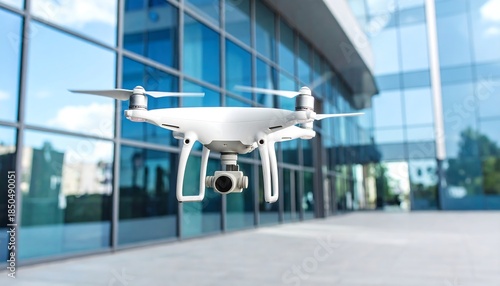A white unmanned aerial vehicle hovers mid-air, its propellers spinning. The background features a modern glass-clad building