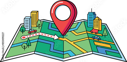 GPS Navigation Vector Illustration. Map with Location Pin and City Buildings
