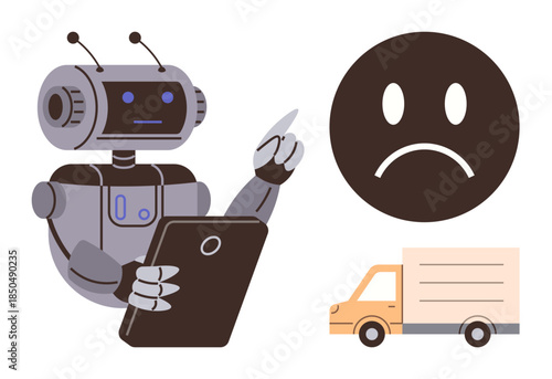 Robot holding tablet, pointing at sad face symbol with delivery truck nearby. Ideal for automation, logistics, technology error, customer dissatisfaction, AI systems, problem-solving future tech. A