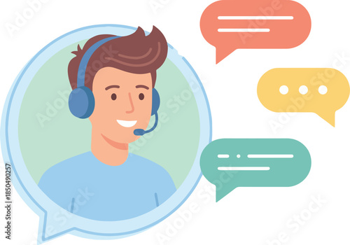 Customer Support Chat Vector Illustration. Smiling Man with Headset