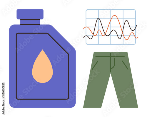 Blue oil container, graph illustrating variable data, and green pants representing practical use. Ideal for analytics, utility, trade, industry, efficiency fashion-tech process. Simple flat