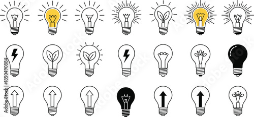 Light bulb icons, innovation concept, energy symbols, creative ideas, sustainability graphics, bright thinking, modern design, abstract illumination, inspiration, technology visuals