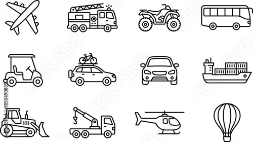 Line Icon Collection of Transportation Vehicles, Black and White Vector Symbols Featuring Air, Land, and Sea Transport Including Airplane, Bus, Car, Truck, Ship, and Helicopter.