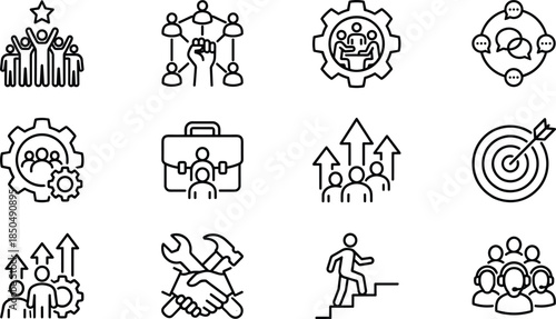 Leadership teamwork business growth line icon set representing management strategy collaboration success goals career development concepts organization people network progress