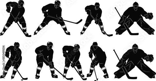Ice Hockey Player Silhouettes Vector Set, Dynamic Collection of Skaters and Goalie in Action, Ideal for Sport, Competition, Championship, Team Logos, and Winter Game Graphics.