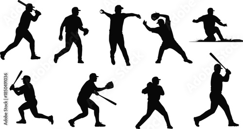 Baseball Player Silhouettes Vector Set, Diverse Collection of Batters, Pitchers, Fielders, and Catchers in Action, Ideal for Sport, Team, Competition, and Championship Graphics.
