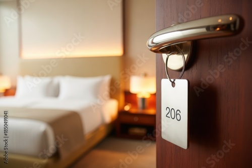Hotel room door ajar with room number 206 visible on a hanging tag, welcoming guests to their stay