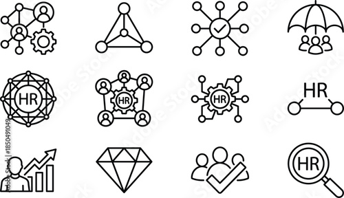 Human resources networking line icons set, showing HR management recruitment teamwork performance growth organization business strategy illustration concept design vector