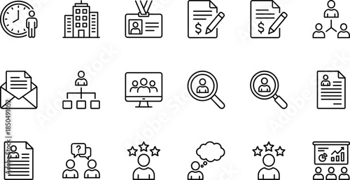 Human resources line icons set for recruitment management payroll teamwork communication analytics business vector illustration outline design