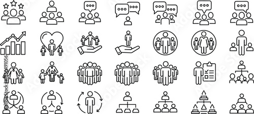 Human resources icons, teamwork symbols, leadership graphics, communication flow, organizational structure, inclusive management, business strategy, black and white line design