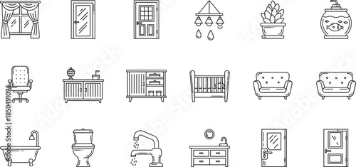 Household icons, furniture symbols, home fixtures, bathroom, living room, doors, windows, faucet, plant, interior design, vector line art, minimal