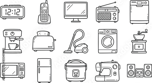Household electronics and kitchen appliance line art icon set: monochrome doodle collection for domestic living featuring microwave, refrigerator, coffee maker, and alarm clock.