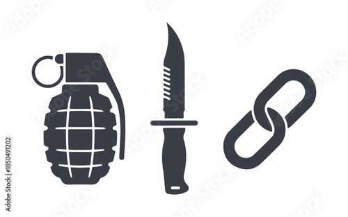 Set of hand grenade, military knife, and chain link icon. Vector

