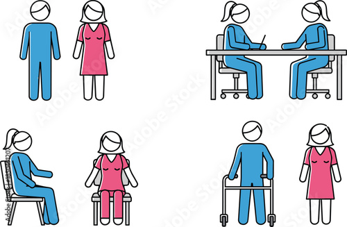 Healthcare interaction icons, doctor patient vector, medical consultation, hospital care, walker assistance, seated exam, flat design, clinical illustration