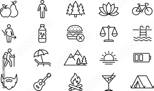 Healthy lifestyle and outdoor activity line icon set featuring nature fitness travel food wellness adventure balance concepts mindfulness sustainability recreation