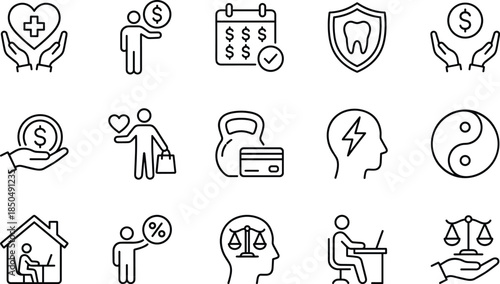 Healthcare finance and wellbeing line icons set illustrating insurance payments mental balance ethics work life money management concept