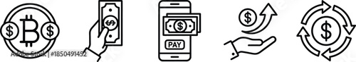 Digital payment and cryptocurrency line icons set for mobile banking online money transfer fintech finance illustration design vector ui outline