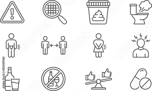 Digestive health warning icons illustration showing bowel symptoms, hygiene issues, pain indicators, medical advice, lifestyle risks, flat line vector design