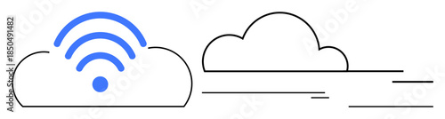 Two cloud shapes with wireless signal radiating from one, symbolizing connectivity, internet access, and cloud technologies. Ideal for tech, communication, networking, storage, digital services