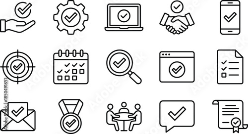 Check mark verification and approval line icons set for task management quality assurance business confirmation workflow illustration design