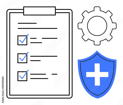 Project management, security protocols, task tracking, safety procedures, healthcare, organization planning. A checklist with checkmarks, gear and shield with a cross. Security protocols and task