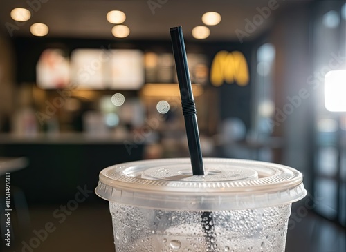 Wallpaper Mural Close up of a refreshing cold drink in a clear plastic cup with a black straw inside a brightly lit fast food restaurant with a visible golden arch logo in the blurred background Torontodigital.ca