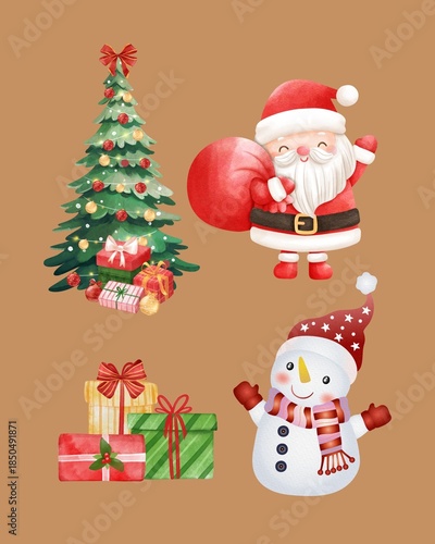 High Quality Watercolor Christmas Collection, Santa Claus, Snowman, and Decorated Tree Illustration