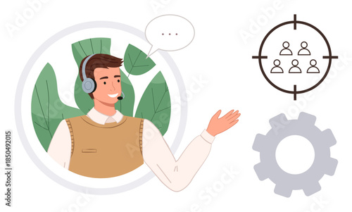Person wearing headset with microphone gestures near audience targeting and cogwheel graphics. Ideal for customer support, marketing, teamwork, coaching, communication, sales, consulting. Simple flat