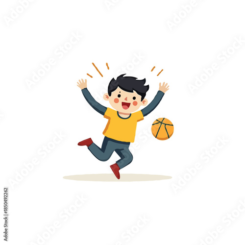 Joyful youngster celebrating with a basketball in an ecstatic burst of sports achievement and