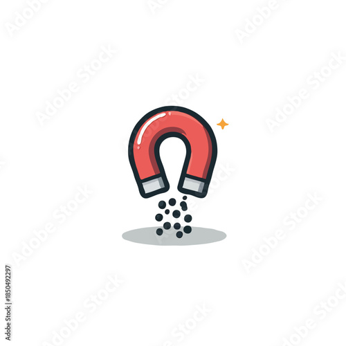 Minimalist illustration depicting a magnet attracting small spheres with a touch of stylized