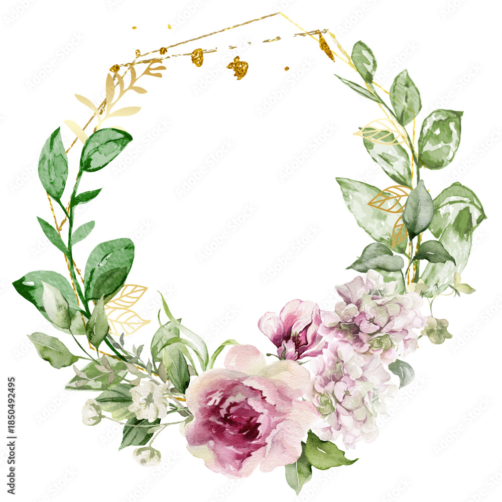 Naklejka premium Watercolor flower wreath with gold frame.