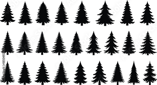 Christmas Tree Silhouette Vector Set, Large Collection of Various Pine, Fir, and Spruce Shapes, Ideal for Winter Holidays, Nature Logos, Forest Graphics, and Decoration Designs.