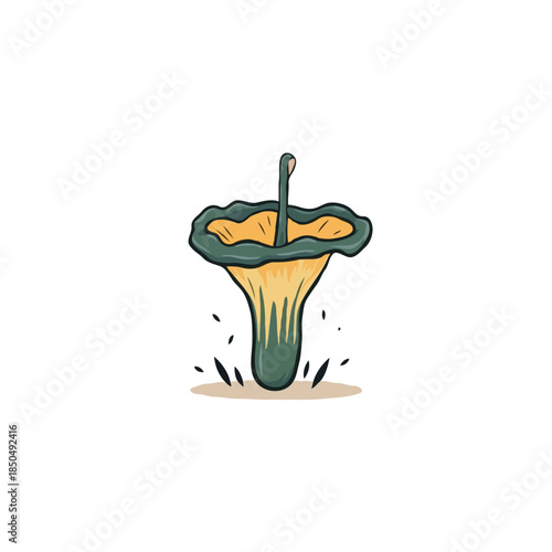 Stylized mushroom illustration displays intricate details, textures, and earth-toned hues for