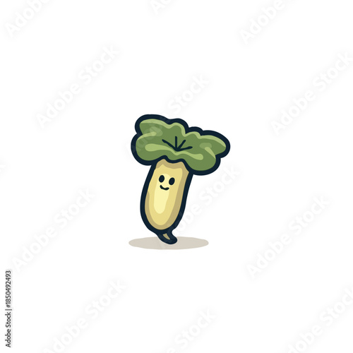 Whimsical daikon radish character with a charming expression conveying freshness and healthy