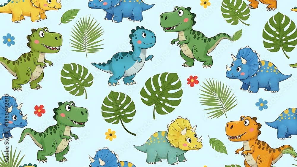 Obraz premium Colorful cartoon dinosaurs and tropical leaves on light blue background