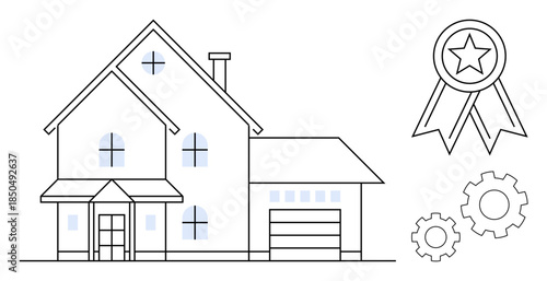 Real estate, home improvement, quality assurance, construction, property management, housing market. Line art of a house, award ribbon and gears. Real estate and quality assurance concept
