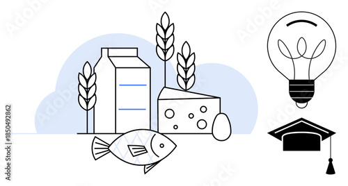 Education, food security, sustainability, innovation, farming, nutrition concept. Dairy products, fish wheat and a lightbulb with a graduation cap. Food security and education