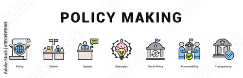 Policy Making Modern and clean web banner illustration featuring thematic icons for visual communication