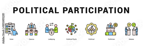 Political Participation Modern and clean web banner illustration featuring thematic icons for visual communication